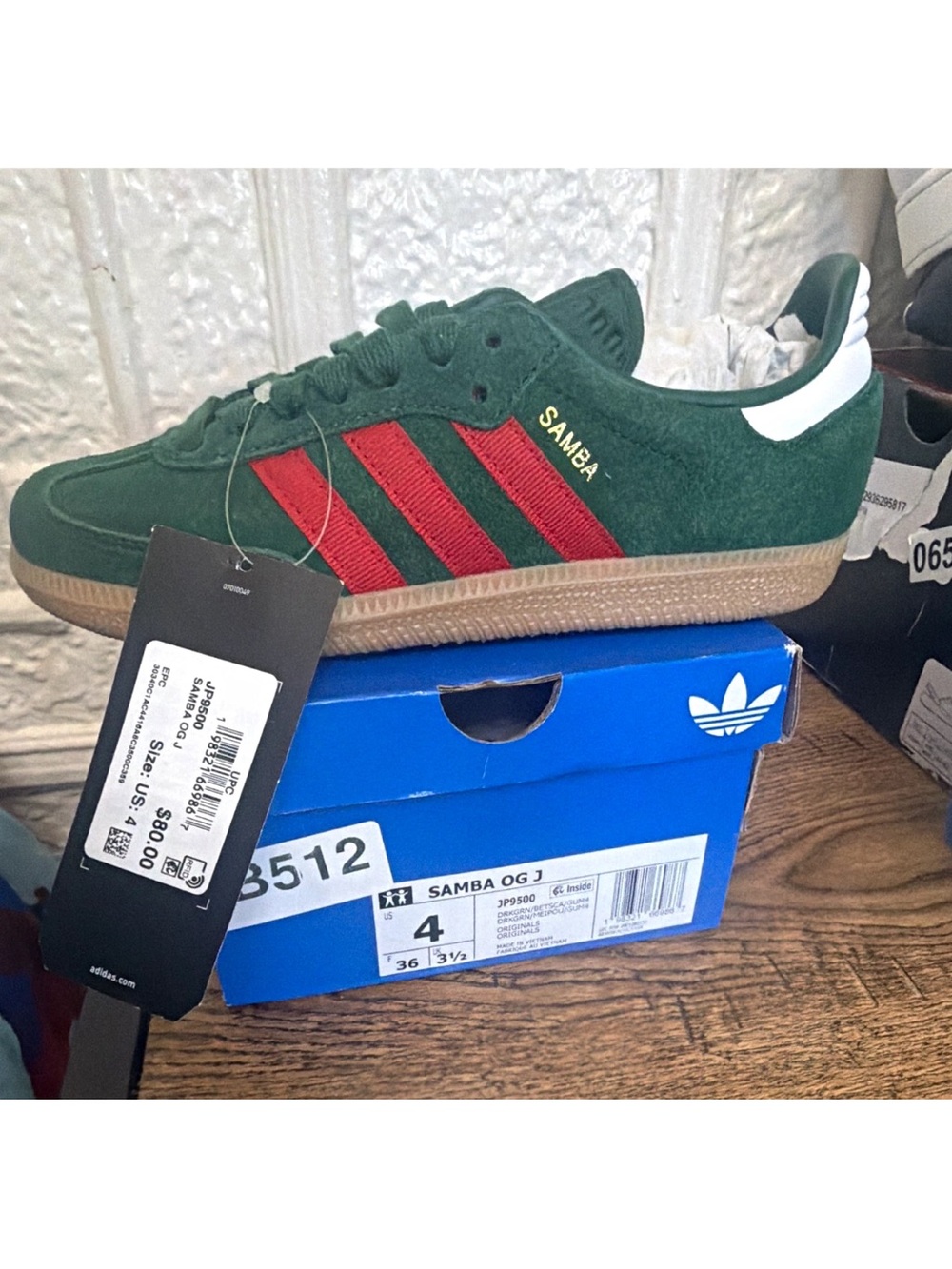 adidas Samba OG J Green Suede with Red Stripes